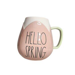 Rae Dunn Pink And White "HELLO SPRING" Coffee Mug Green Handle Tulip Flower